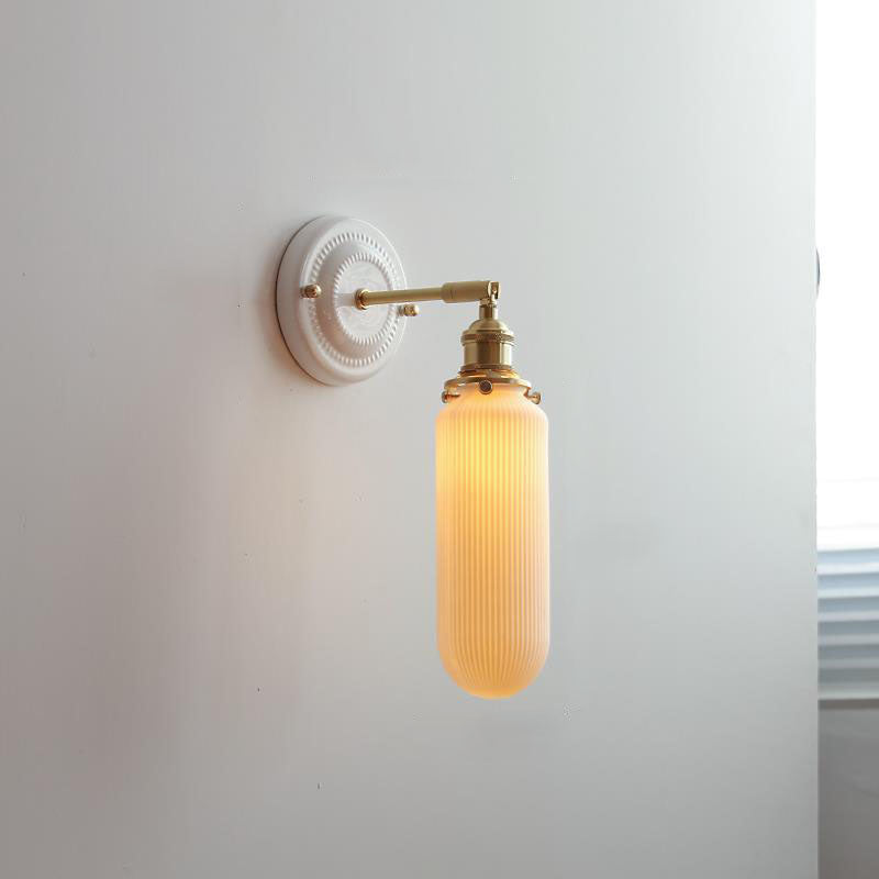 Pleated Shade Wall Sconce Lamp with Brass Arm for Bedroom Living Room & Study | Retro Japanese Style Ceramic Fixture | Thomler