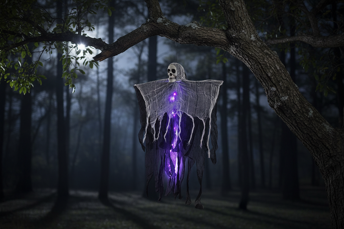 Illuminated Skeleton Specter Hanging Prop – Light-Up Skull Figure with Draping Fabric for Spooky Outdoor Displays, Porches & Halloween | Thomler