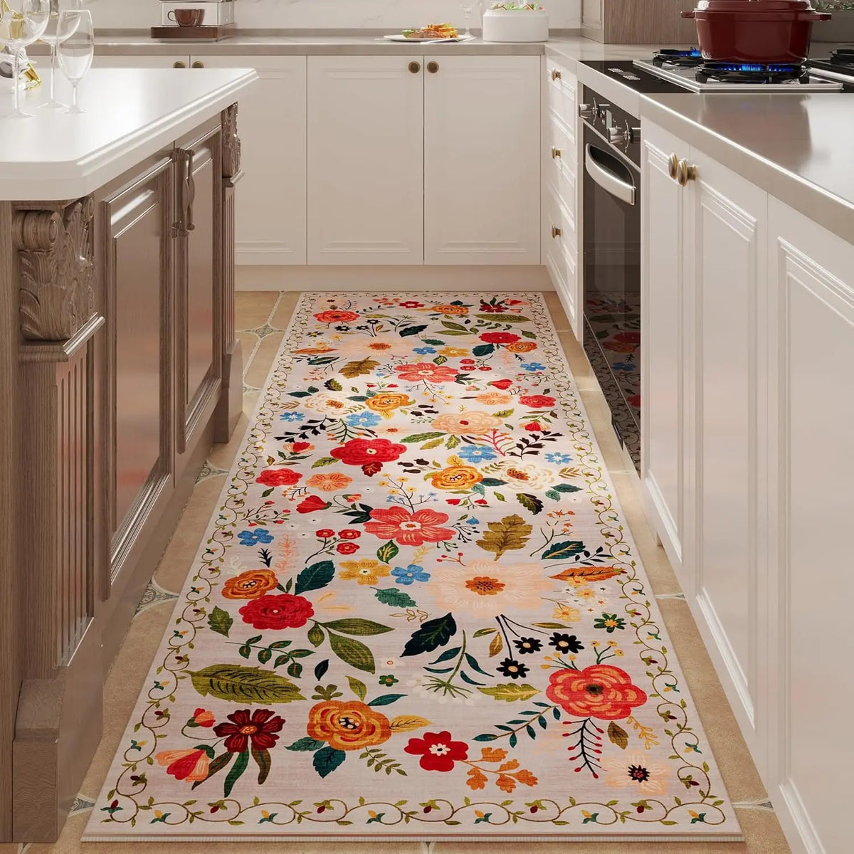 Floral Runner Rug for Hallway & Kitchen, Machine Washable Non-Slip Long Mat with Rubber Backing | Thomler