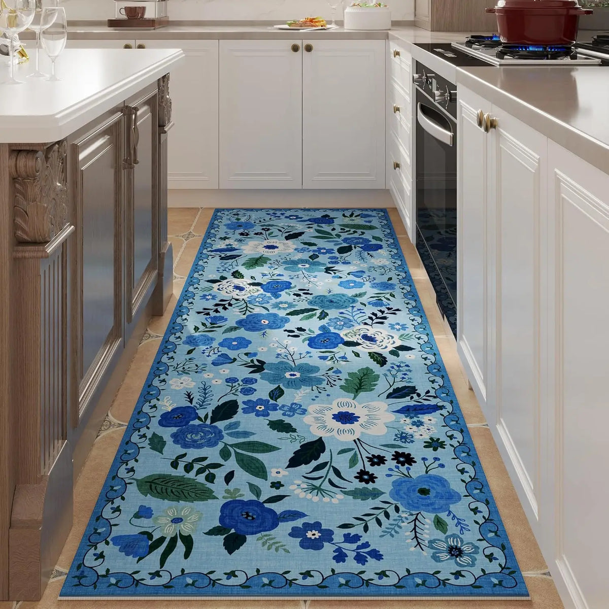 Floral Runner Rug for Hallway & Kitchen, Machine Washable Non-Slip Long Mat with Rubber Backing | Thomler