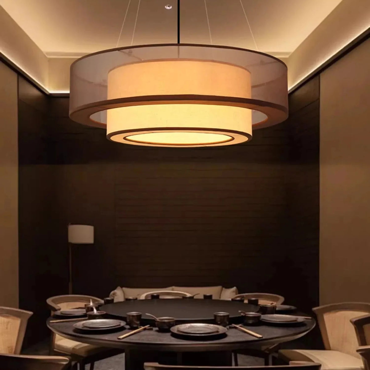 Layered Fabric Drum Pendant Light – Soft Glow Dining & Bedroom Ceiling Fixture in 20, 24 or 31 Inch | Thomler