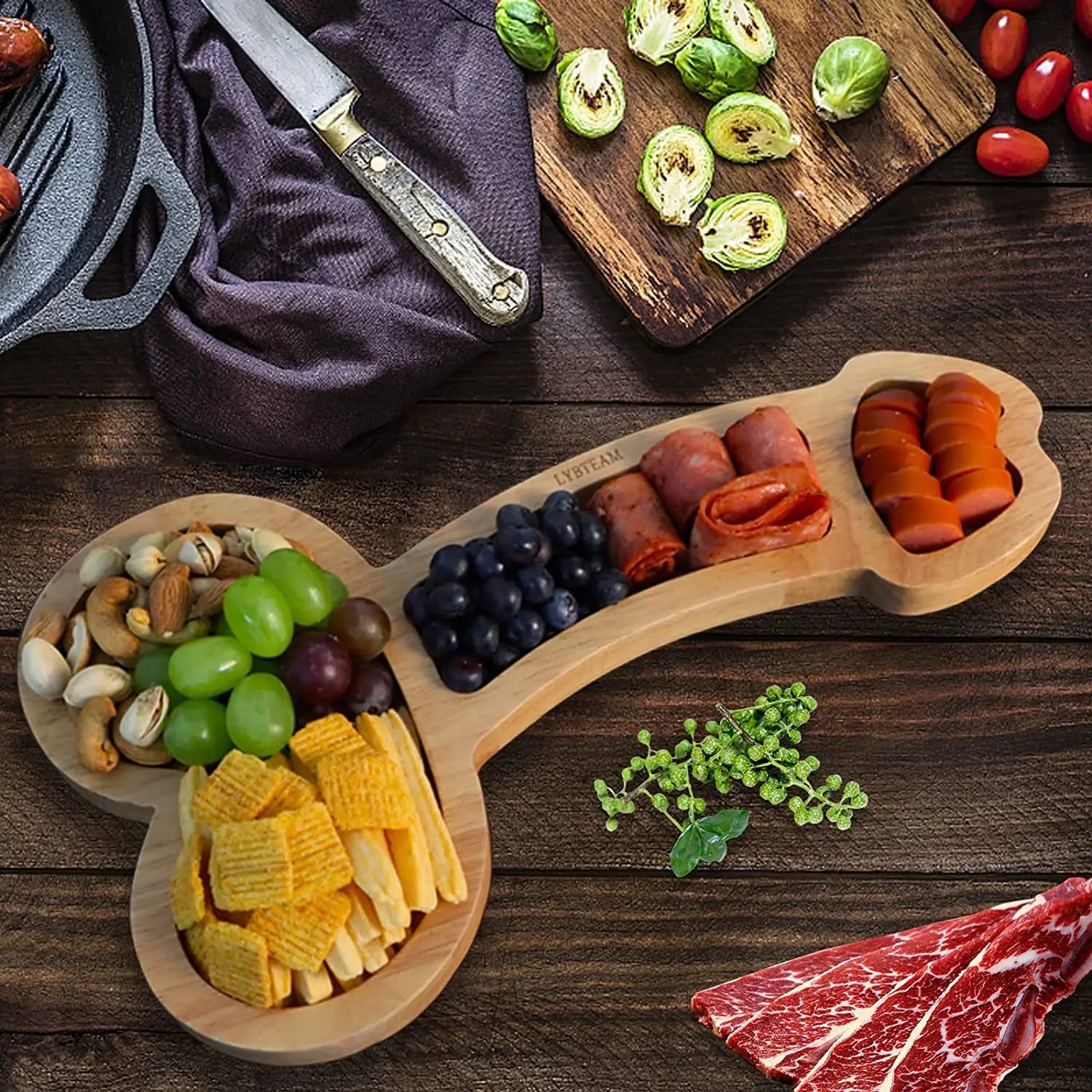 Wooden Charcuterie Board with Compartments for Cheese Snacks Appetizers Entertaining Party Platter Dark Wood Serving Tray for Game Night | Thomler