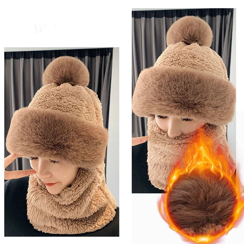 Plush Hooded Scarf Combo Winter Beanie & Neck Warmer Fleece Wrap for Women Cold Weather Outdoor Fashion | Thomler