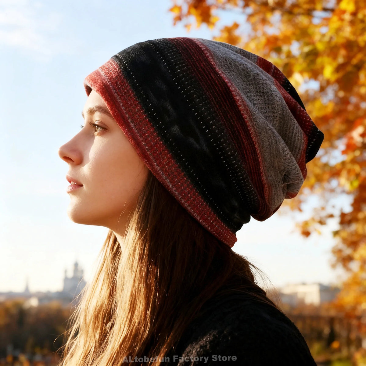 Reversible Lightweight Beanie Hat Striped Knit Cap & Scarf for Women Fall Winter Convertible Slouchy Headwear | Thomler