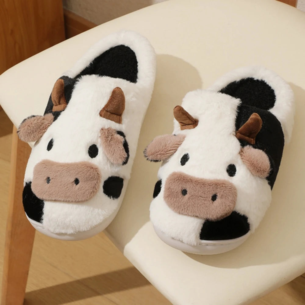 Cozy Cow-Print Plush Slippers – Fluffy Memory Foam House Shoes with Nonslip Sole for Winter Indoor Comfort Men Women Unisex | Thomler