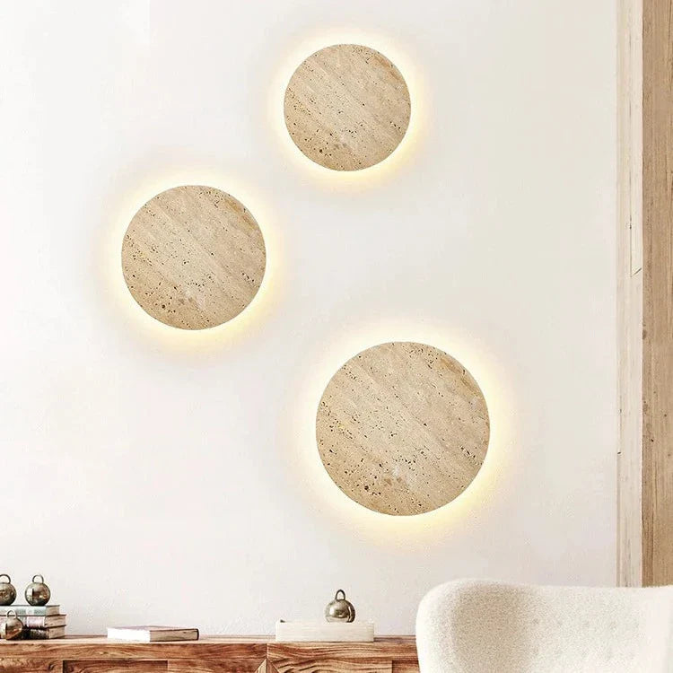 Wall Lamp Travertine Stone 11.8 in Round Warm LED Bedroom Hallway Ambient Lighting Minimalist Natural Stone Sconce | Thomler
