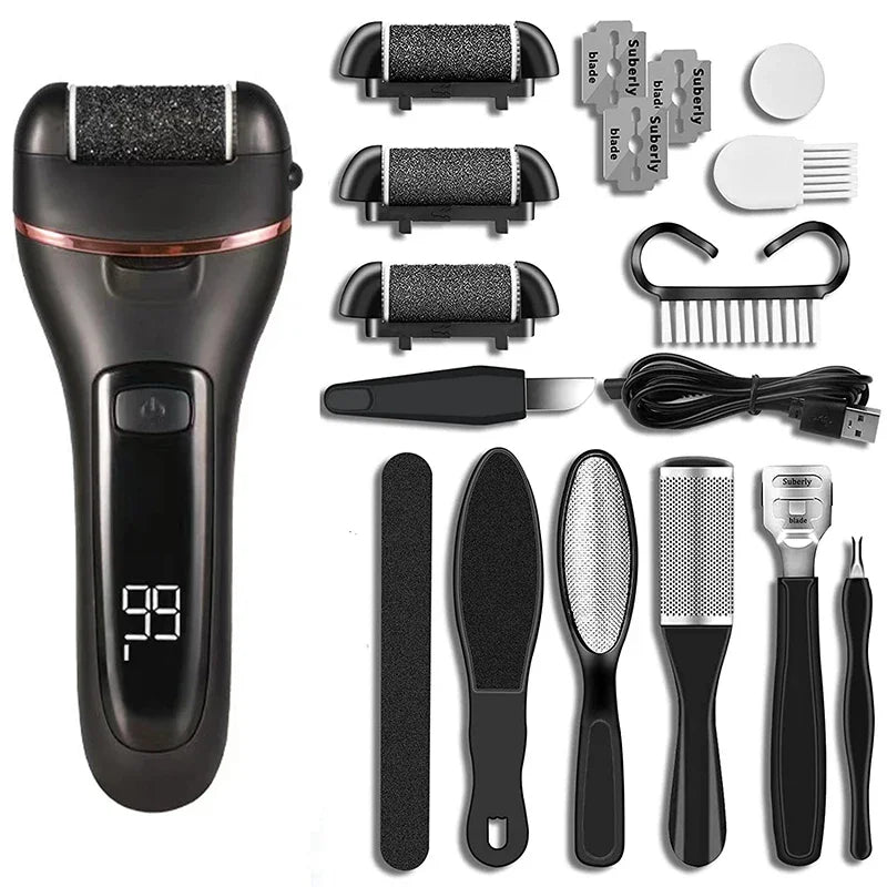 Rechargeable Electric Foot File with LCD Display & LED Light – 3 Roller Heads for Smooth, Callus-Free Feet | Thomler
