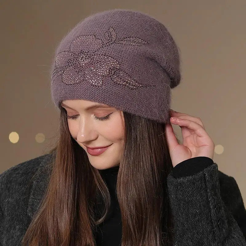 Women's Knit Beanie Hat with Floral Appliqué – Soft Acrylic & Fur-Blend Cap for Cold Weather | Thomler