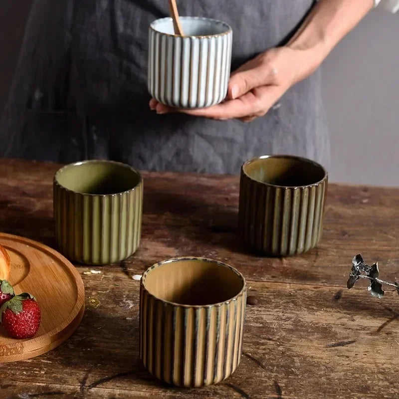 Ceramic Teacup Porcelain 180 ml 6.3 fl oz Ribbed Japanese Style Tea Coffee Sake Cup Japandi Tableware | Thomler