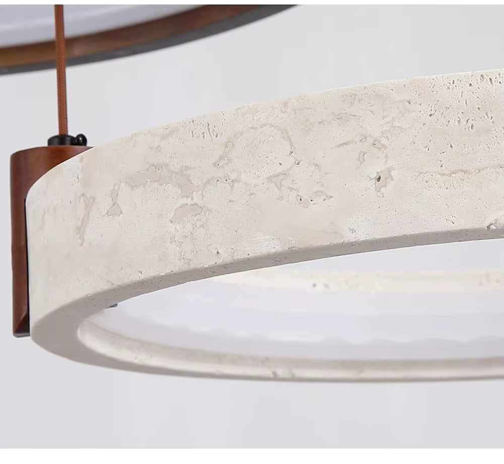 Circular Stone Pendant Light with Ambient Glow – Natural Travertine Ceiling Fixture for Modern Dining Rooms | Thomler