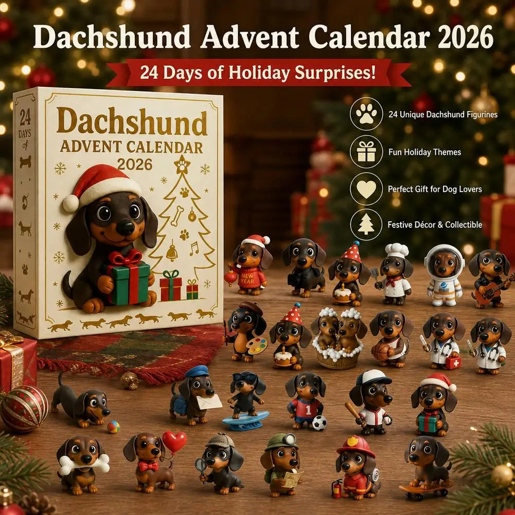 24-Day Wiener Dog Figurine Countdown Set for December Celebrations – Holiday Mantel Display with Miniature Brown Dachshund Collectibles | Thomler