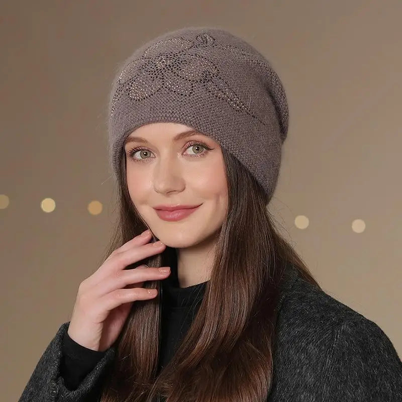 Women's Knit Beanie Hat with Floral Appliqué – Soft Acrylic & Fur-Blend Cap for Cold Weather | Thomler