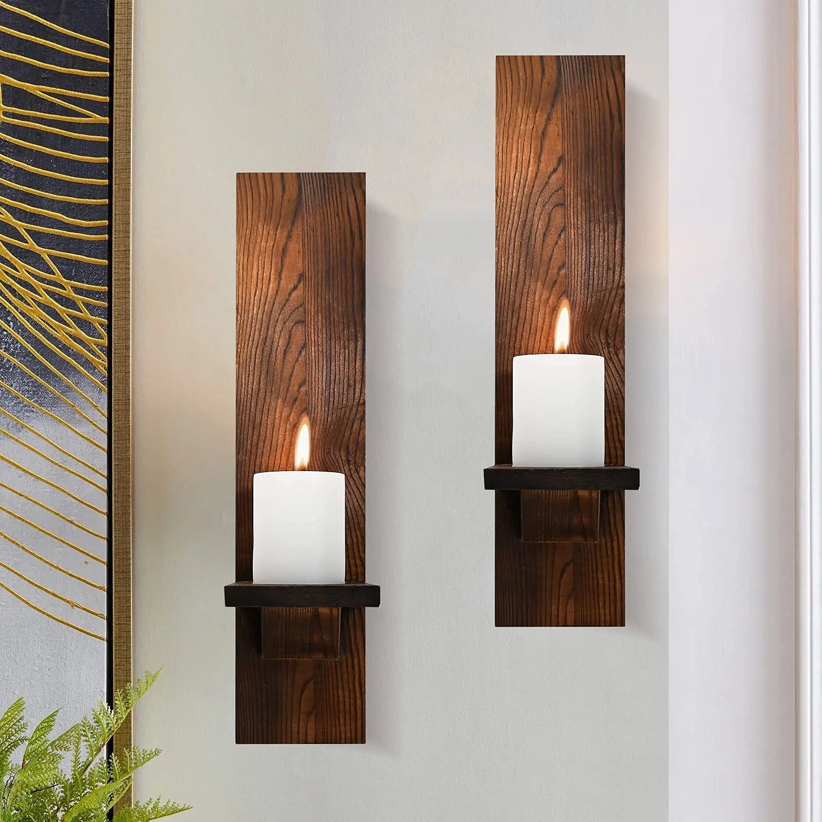 Wall Candle Holder Wood 38.0 cm Rustic Brown Indoor Outdoor Farmhouse Decor Set Of 2 Mounted Sconces | Thomler