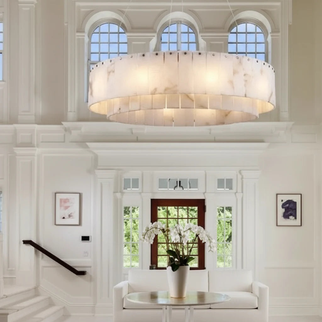 Circular Alabaster Stone Chandelier with Dual-Tier Illumination & Metal Framework | Thomler