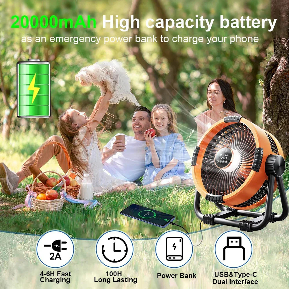 Rechargeable Camping Fan 20000mAh with LED Light & Remote Control for Tent, Outdoors & Emergency | Thomler