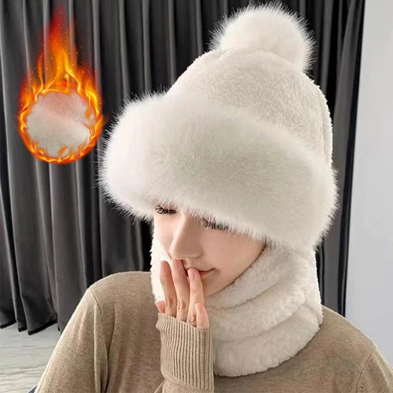 Plush Hooded Scarf Combo Winter Beanie & Neck Warmer Fleece Wrap for Women Cold Weather Outdoor Fashion | Thomler