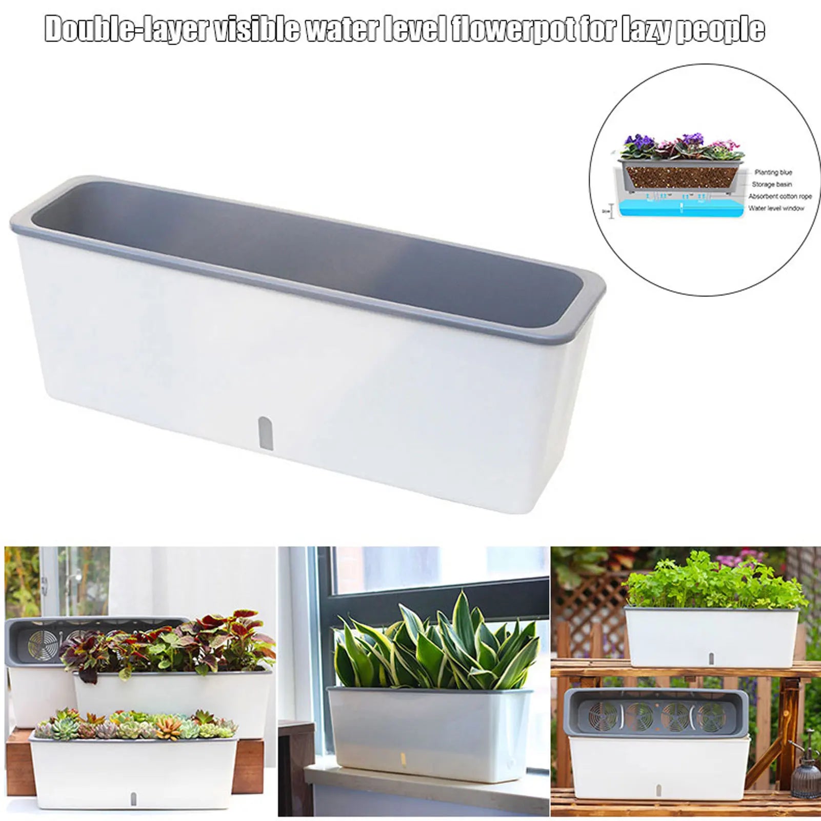 Planter Box PP Plastic 43.5 cm Self Watering Indoor Outdoor Herb Flower Windowsill Container With Water Level Indicator | Thomler