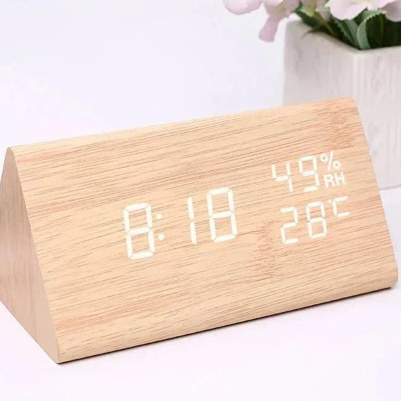 Digital Alarm Clock with Wood-Grain Finish – 3 Alarms, Temperature Display & Adjustable LED Brightness for Bedroom, Desk & Nightstand | Thomler