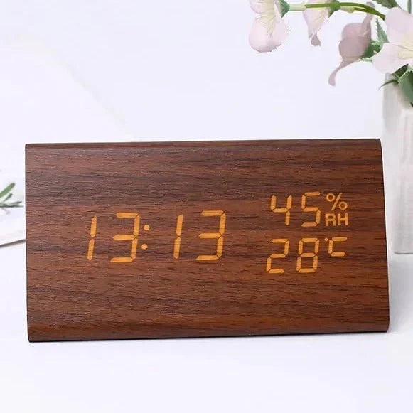 Digital Alarm Clock with Wood-Grain Finish – 3 Alarms, Temperature Display & Adjustable LED Brightness for Bedroom, Desk & Nightstand | Thomler