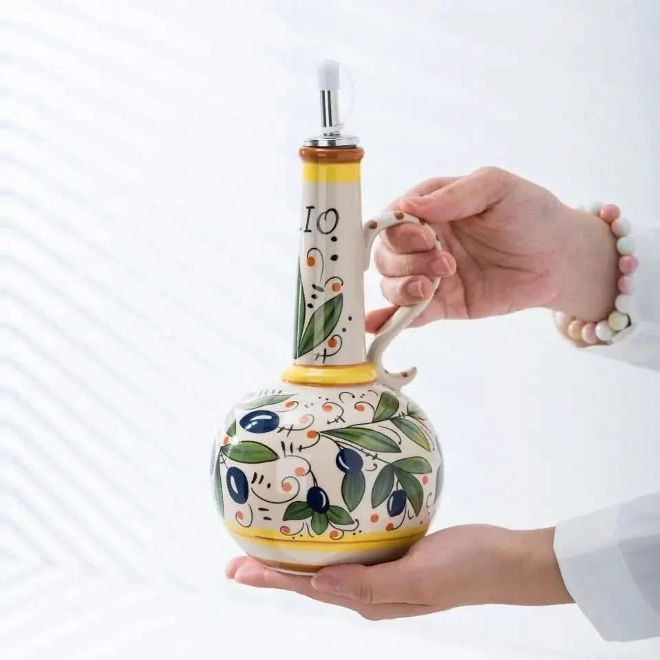 Hand-Painted Ceramic Oil Bottle with Stainless Steel Pourer – 24 oz Capacity | Thomler