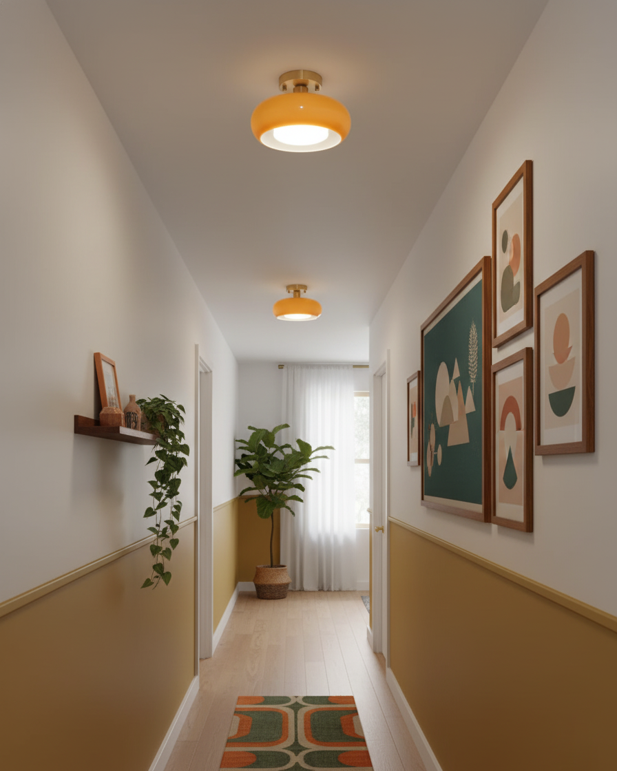 Ceiling Light Glass Dome 11 in x 7 in Gold White Orange Bathroom Indoor Fixture Retro Style | Thomler