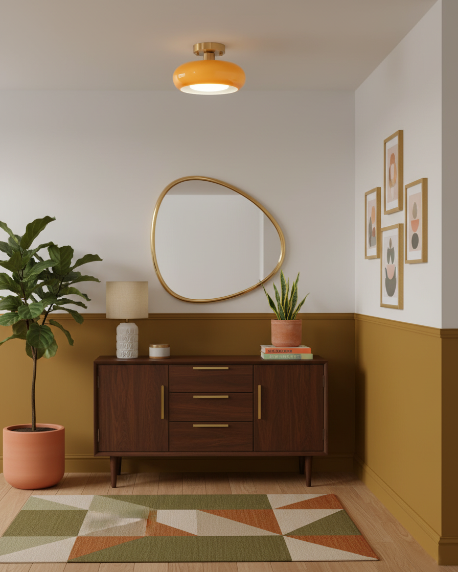 Ceiling Light Glass Dome 11 in x 7 in Gold White Orange Bathroom Indoor Fixture Retro Style | Thomler
