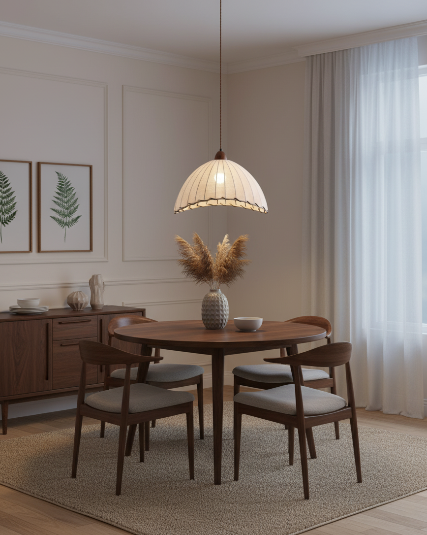 Pendant Light Fabric Dome 13.8 in White Dining Room Bedroom Hanging Lamp Ribbed Shade Scalloped Vintage Style Adjustable Cord | Thomler