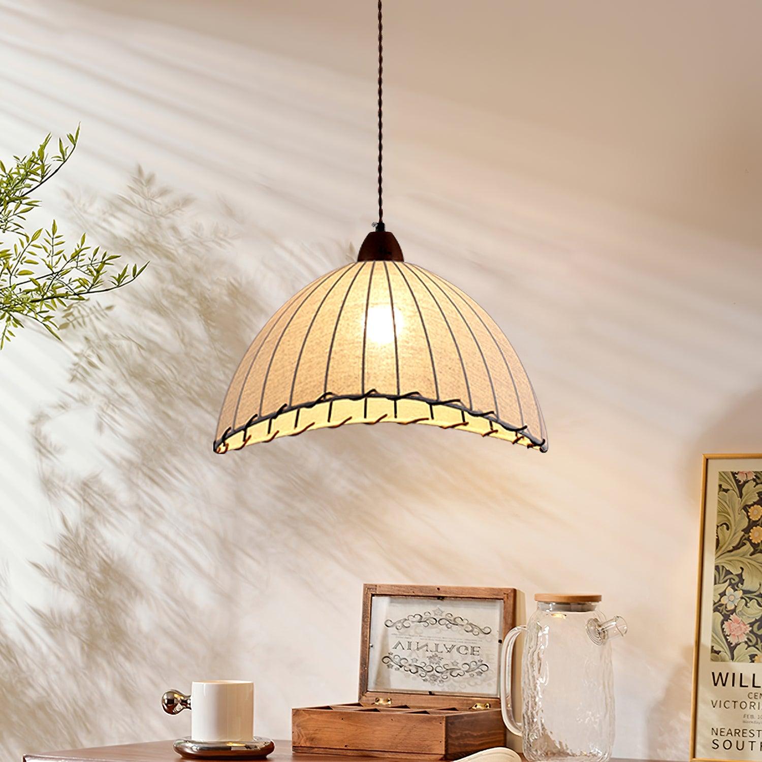 Pendant Light Fabric Dome 13.8 in White Dining Room Bedroom Hanging Lamp Ribbed Shade Scalloped Vintage Style Adjustable Cord | Thomler