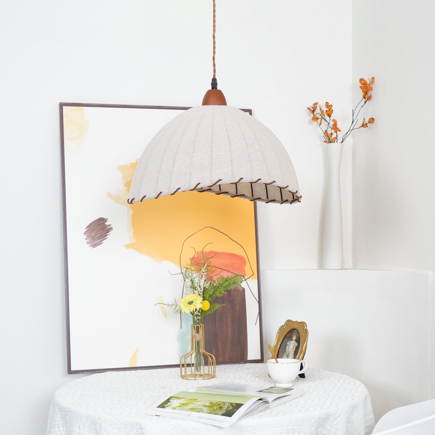 Pendant Light Fabric Dome 13.8 in White Dining Room Bedroom Hanging Lamp Ribbed Shade Scalloped Vintage Style Adjustable Cord | Thomler