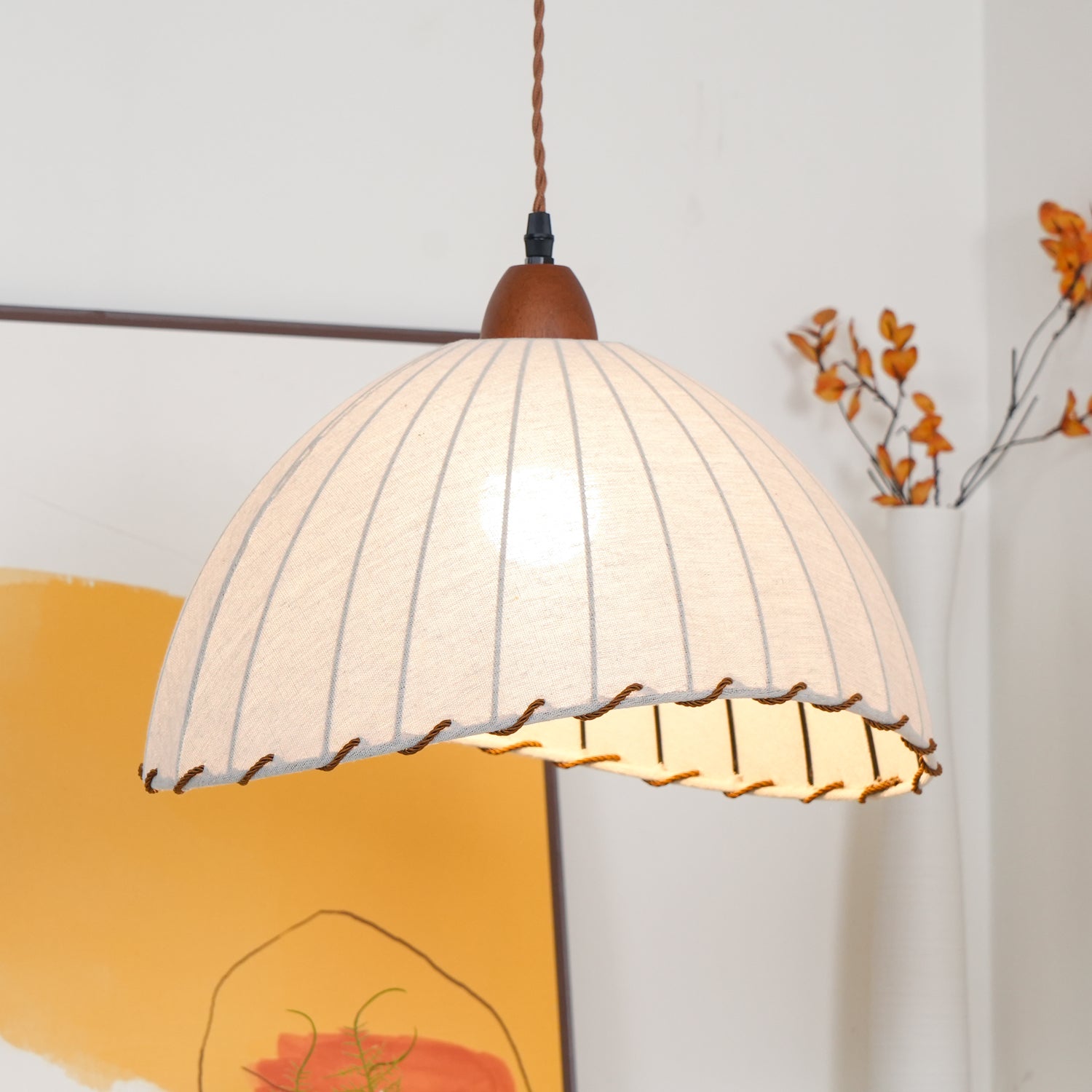Pendant Light Fabric Dome 13.8 in White Dining Room Bedroom Hanging Lamp Ribbed Shade Scalloped Vintage Style Adjustable Cord | Thomler