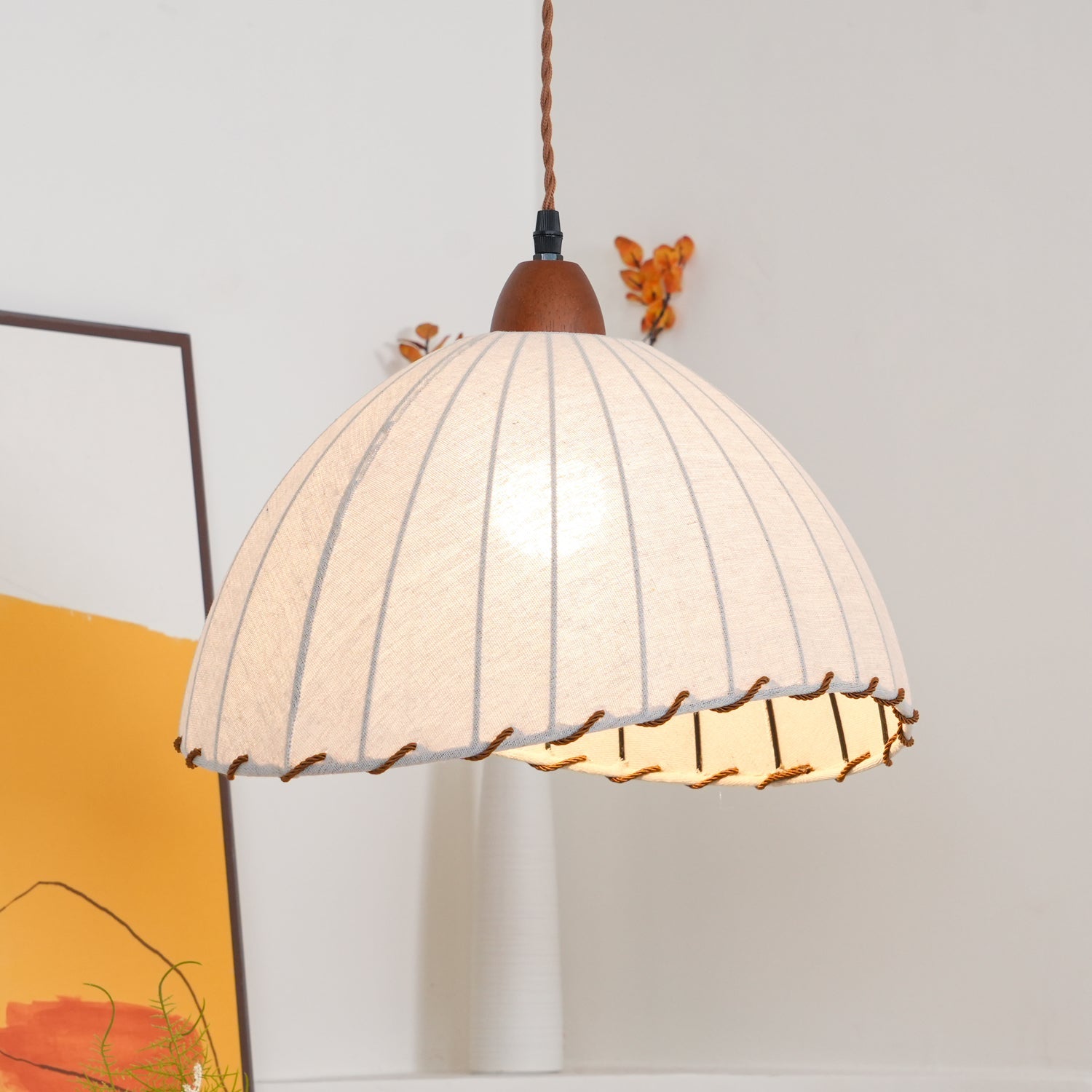 Pendant Light Fabric Dome 13.8 in White Dining Room Bedroom Hanging Lamp Ribbed Shade Scalloped Vintage Style Adjustable Cord | Thomler