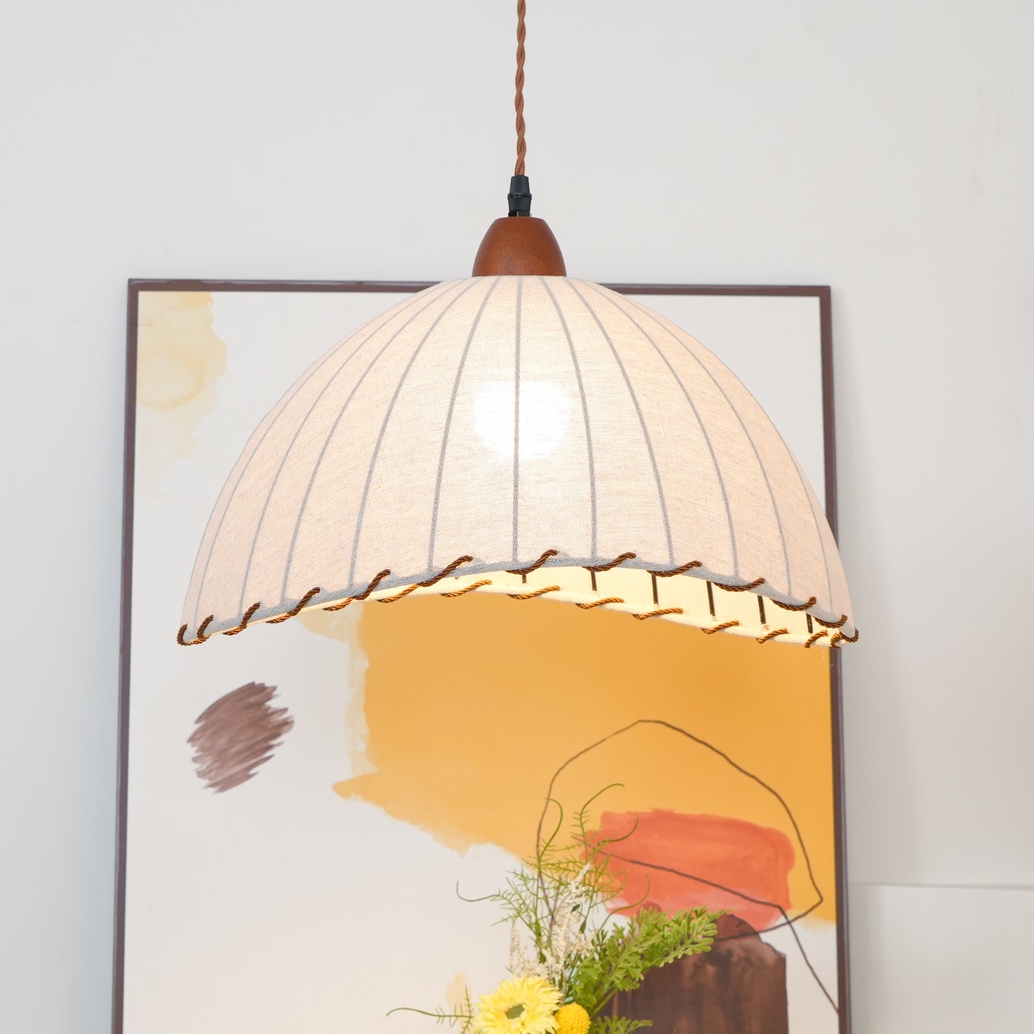 Pendant Light Fabric Dome 13.8 in White Dining Room Bedroom Hanging Lamp Ribbed Shade Scalloped Vintage Style Adjustable Cord | Thomler