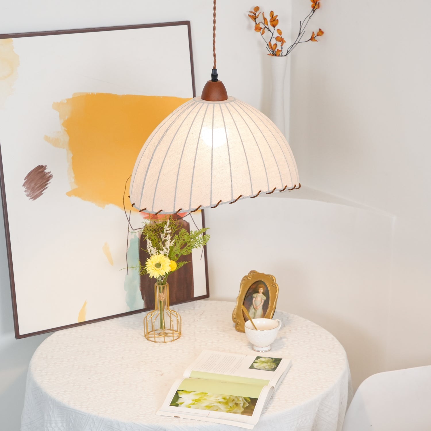 Pendant Light Fabric Dome 13.8 in White Dining Room Bedroom Hanging Lamp Ribbed Shade Scalloped Vintage Style Adjustable Cord | Thomler