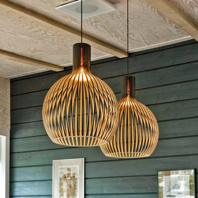 Wooden Sphere Pendant Light – Slat Design Hanging Fixture for Dining Room & Living Room | Thomler