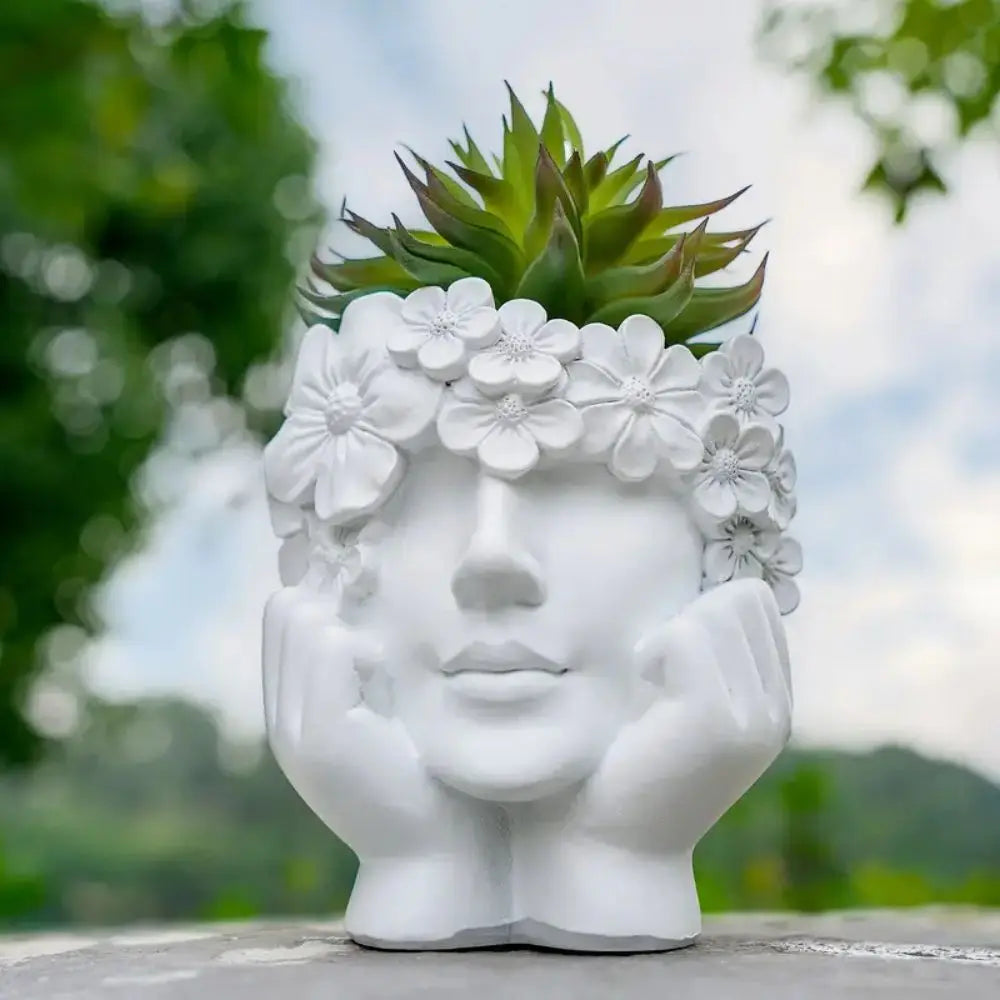 Flower Pot Resin 15.0 cm White Face Planter Indoor Outdoor Succulent Decorative Sculpture Boho Home Décor | Thomler