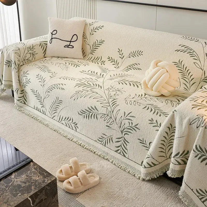 Chenille Jacquard Leaf Sofa Throw Blanket with Non-Slip Backing | Scratch-Resistant Textured Furniture Cover for Couch Protection | Thomler