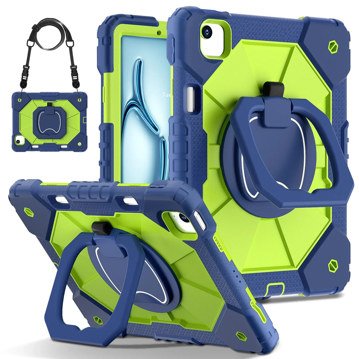 Triple-Layer iPad Protective Case with 360° Rotating Hand Grip, Integrated Kickstand & Shoulder Strap | Tempered Glass Screen Protector | Thomler