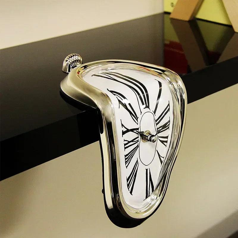 Desk Clock Aluminium Quartz 18.0 cm Silver Surreal Shelf Mantel Office Decorative Melting Roman Numeral Timepiece | Thomler