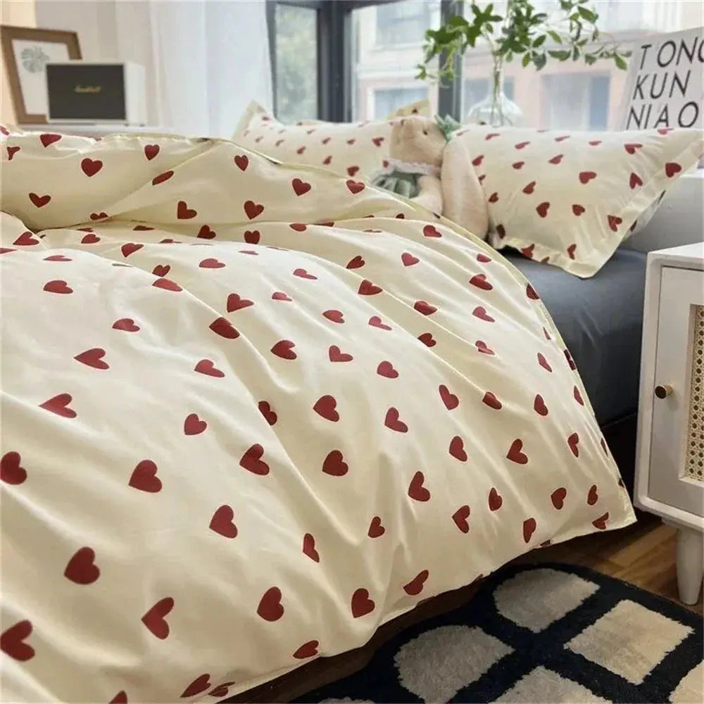 Heart Print Bedding Set – 4-Piece Queen Full Twin Duvet Cover Sheet & Pillowcases Microfiber Soft Lightweight for Kids Adults Bedroom | Thomler