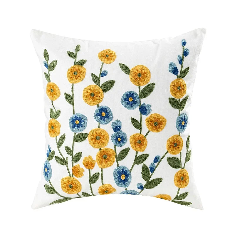 Cushion Cover Cotton Canvas 45.0 cm Floral Embroidered White Sofa Bed Decorative Pillow Case Farmhouse Living Room Accent | Thomler