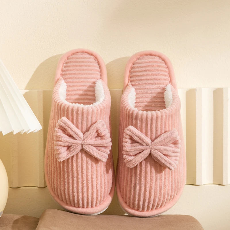 Women's Bow-Tie House Slippers Indoor Cushioned Footwear Cozy Plush Bedroom Shoes Fall Winter Slip-On Moccasins | Thomler