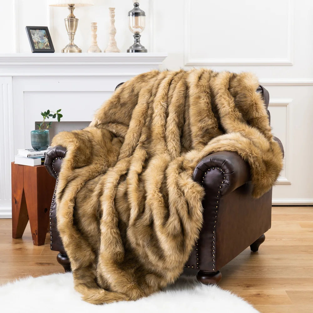 Throw Blanket Faux Fur 80 in x 60 in Luxury Living Room Sofa Bed Decorative Cozy Throw | Thomler