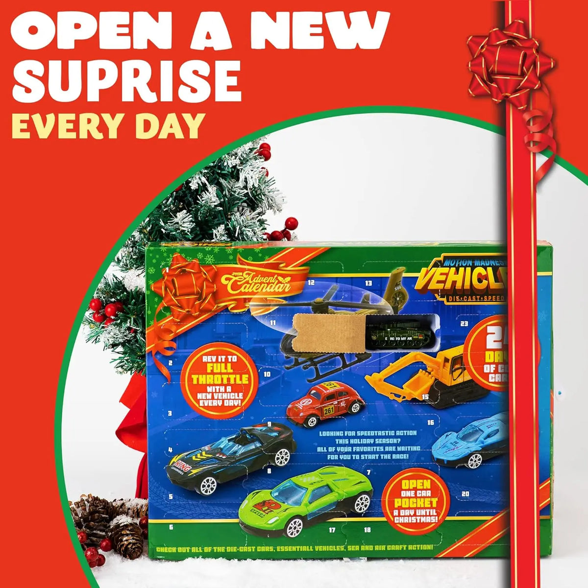 24-Day Holiday Countdown Calendar with Die-Cast Vehicles for Kids – Festive Surprise Toys Christmas Gift Set | Thomler