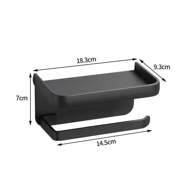 Toilet Roll Holder Aluminium 18.3 cm 7.2" Black Wall Mounted Bathroom Shelf Phone Storage Organiser | Thomler