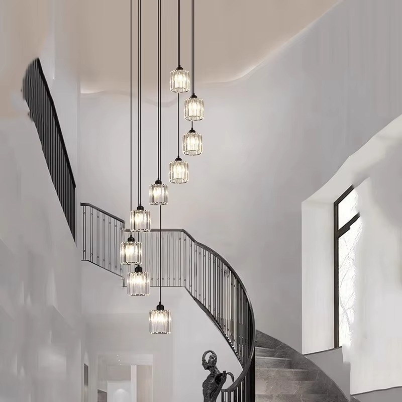 Cascading Faceted Glass Stairwell Fixture – Adjustable Height Multi-Pendant with Iron Canopy for Open Entryways & Two-Story Ceilings | Thomler
