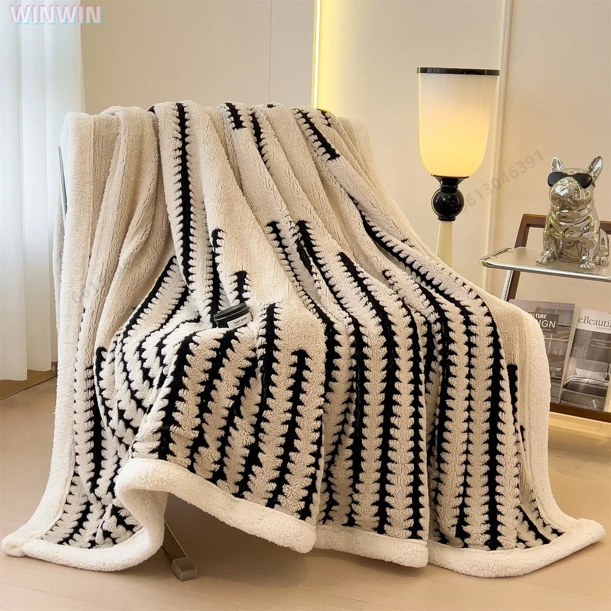 Reversible Sherpa Fleece Throw Blanket with Geometric Stripes for Couch, Bed & Bedroom – Ultra Soft Double-Sided Comfort Layer for Living | Thomler