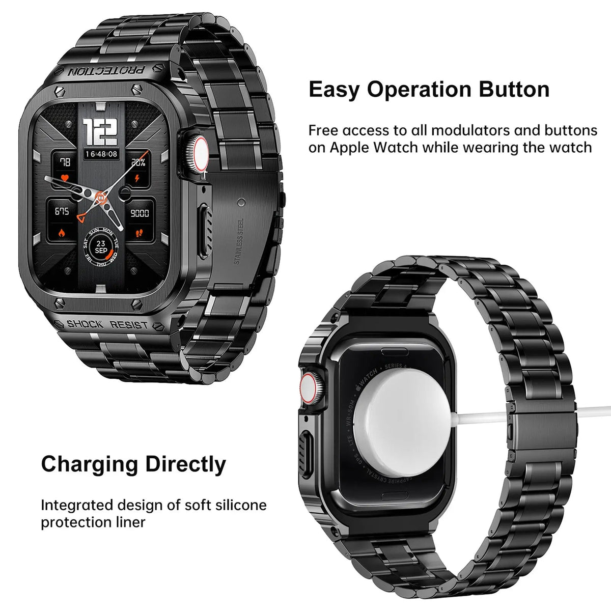 Metal Band and Bumper Case Bundle for Apple Watch 44mm 45mm Series – Shock-Absorbing Frame with Coordinated Strap in Black Silver Gold | Thomler