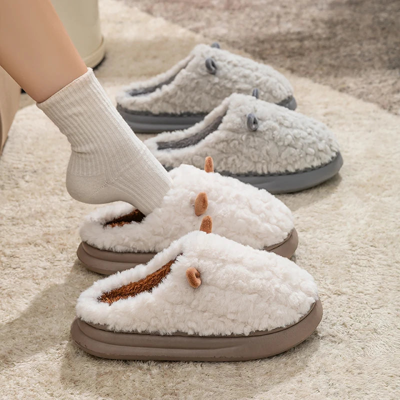 Plush Closed-Toe House Slippers with Thick Cushioned Sole – Cartoon Character Indoor Footwear for Men & Women | Thomler