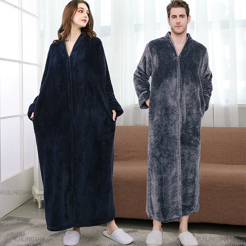 Zippered Fleece Bathrobe for Women & Men Hooded & Non-Hooded Thermal Lounge Robe with Pockets Soft Lightweight Warmth | Thomler