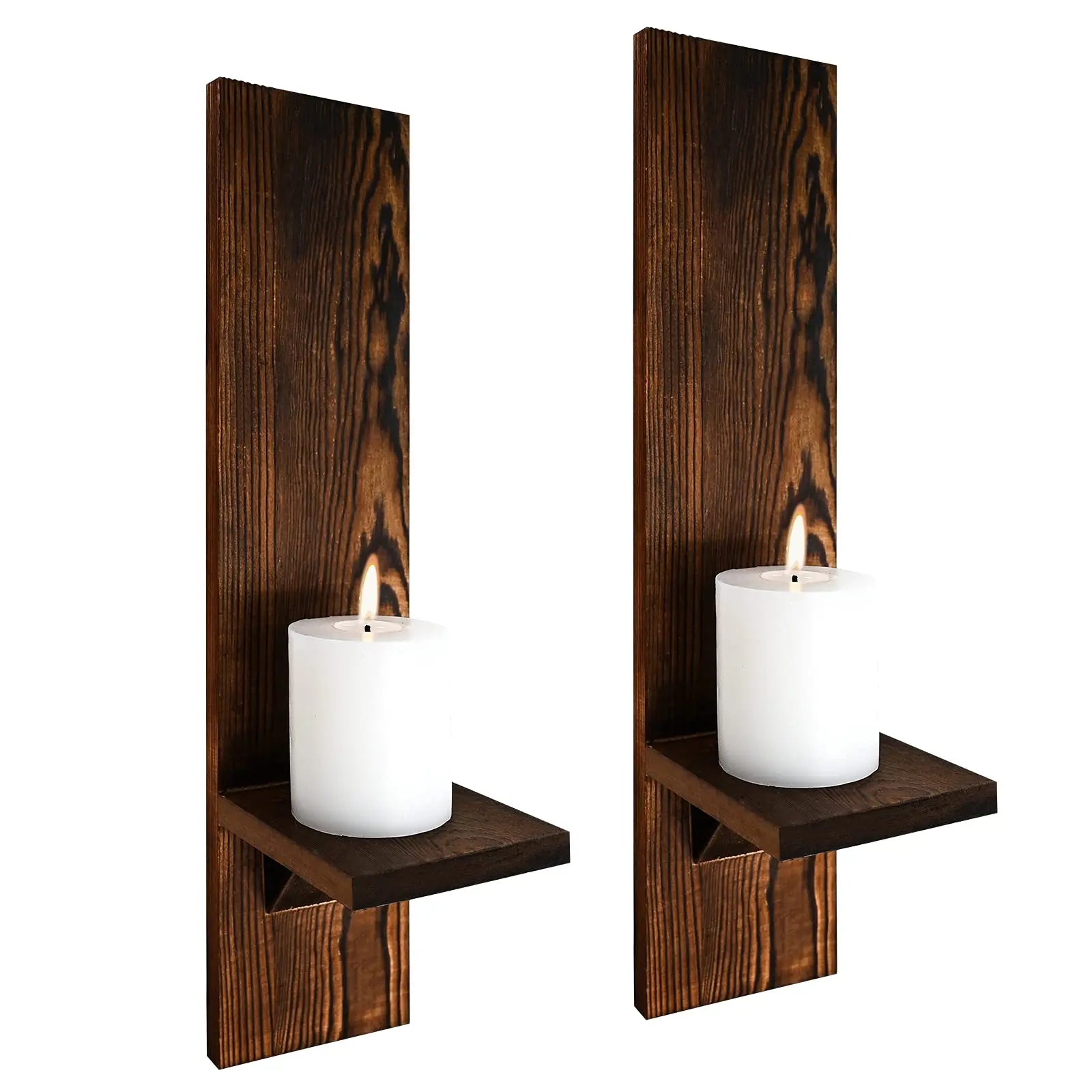 Wall Candle Holder Wood 38.0 cm Rustic Brown Indoor Outdoor Farmhouse Decor Set Of 2 Mounted Sconces | Thomler